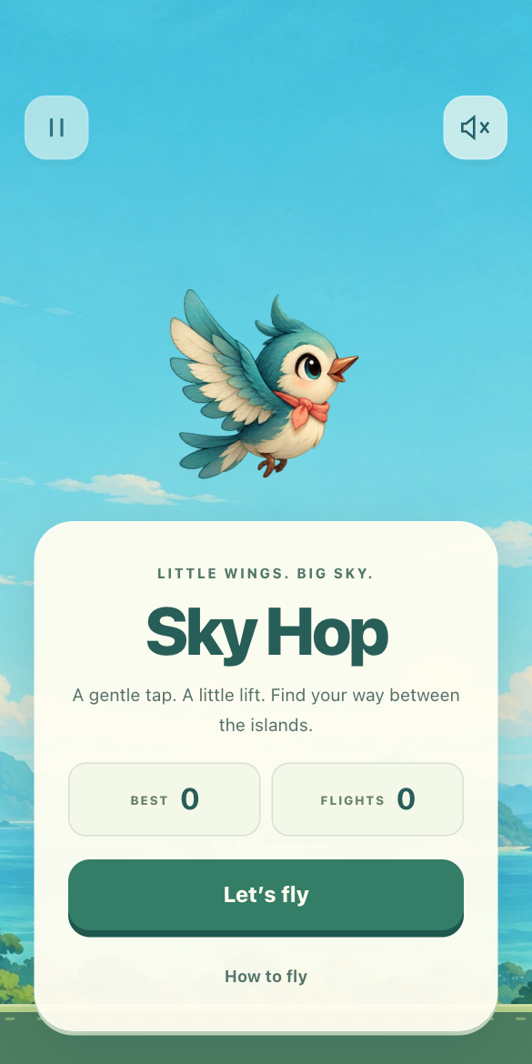 Sky Hop, a bird flying through a pastel island landscape